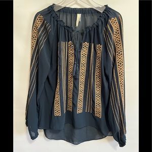 Paper Crane shirt hi-lo EC sz M Navy gold embroidery long sleeve lightweight